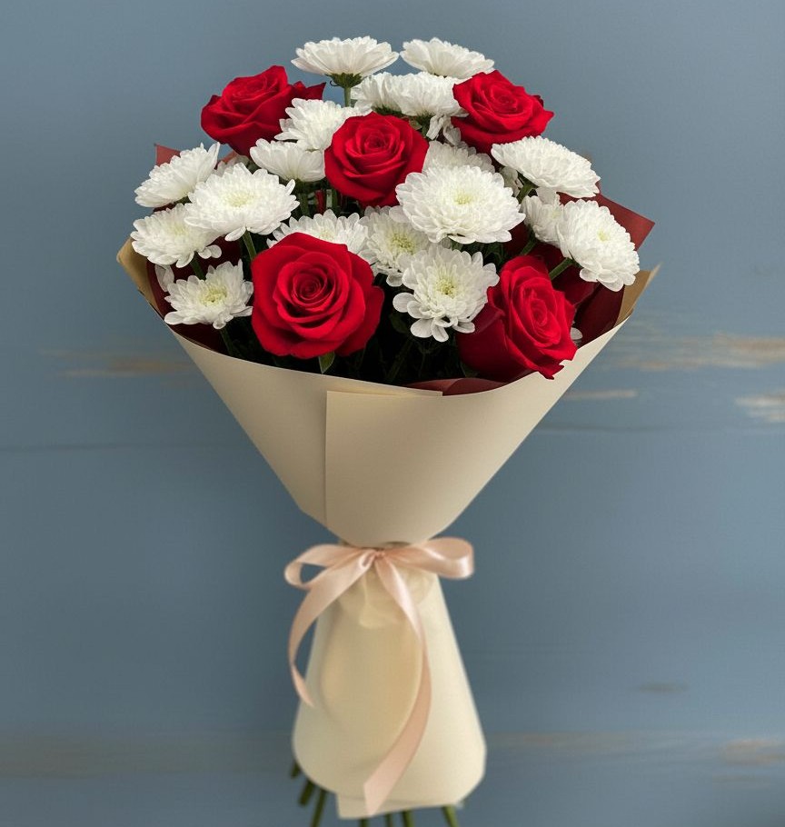 Букет цветов из: Розы и Хризантемы в Канеловской