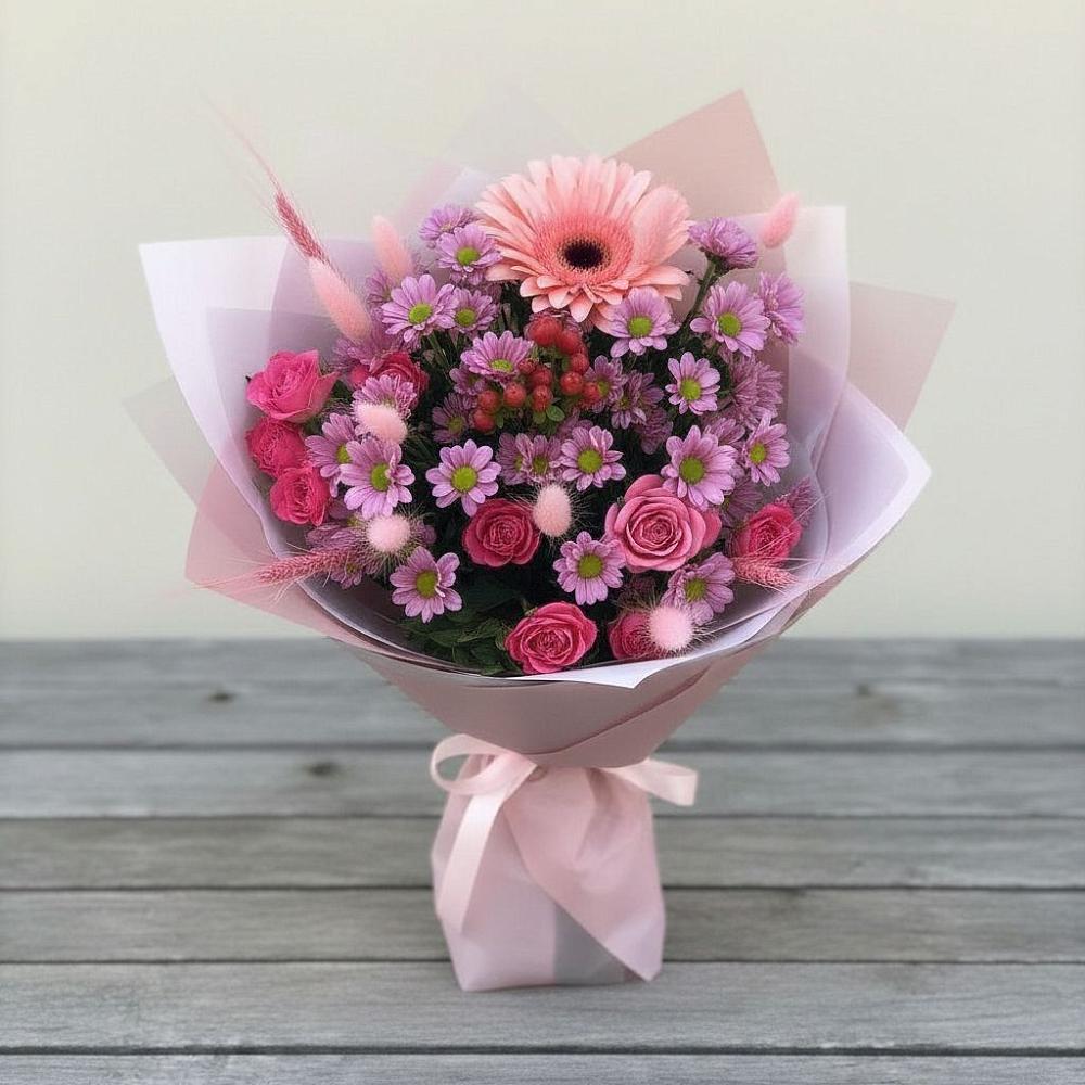 Букет цветов из: Розы, Герберы и Хризантемы в Канеловской