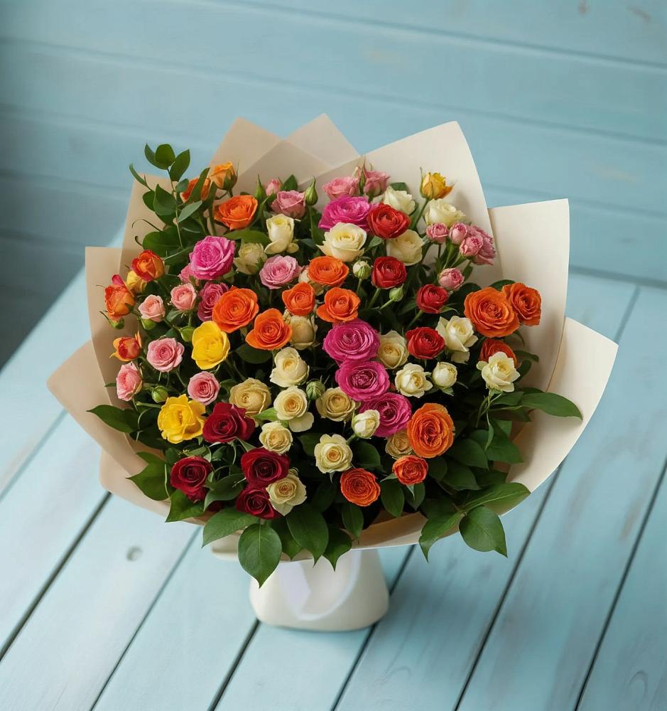 Букет Микс из разноцветных кустовых роз в Канеловской