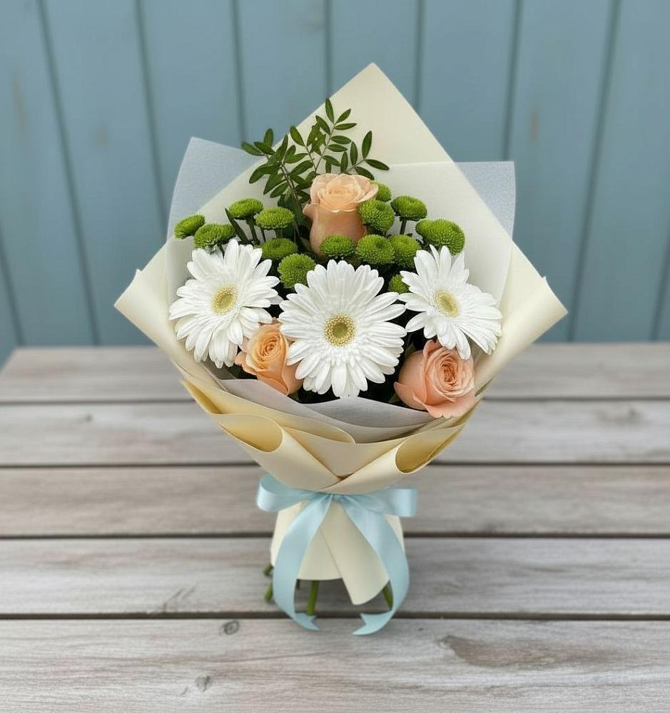 Букет цветов из: Герберы, Розы и Хризантемы в Канеловской