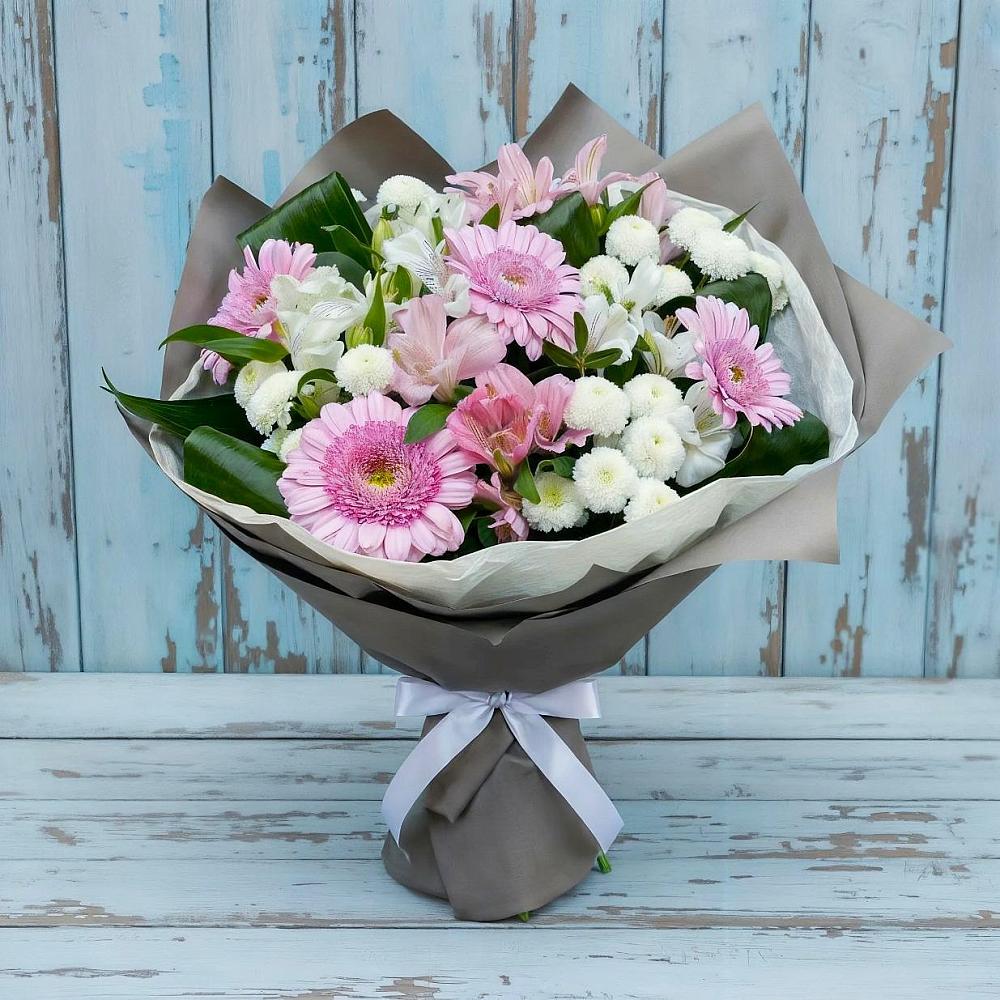 Букет цветов из: Герберы, Альстромерии и Хризантемы в Канеловской