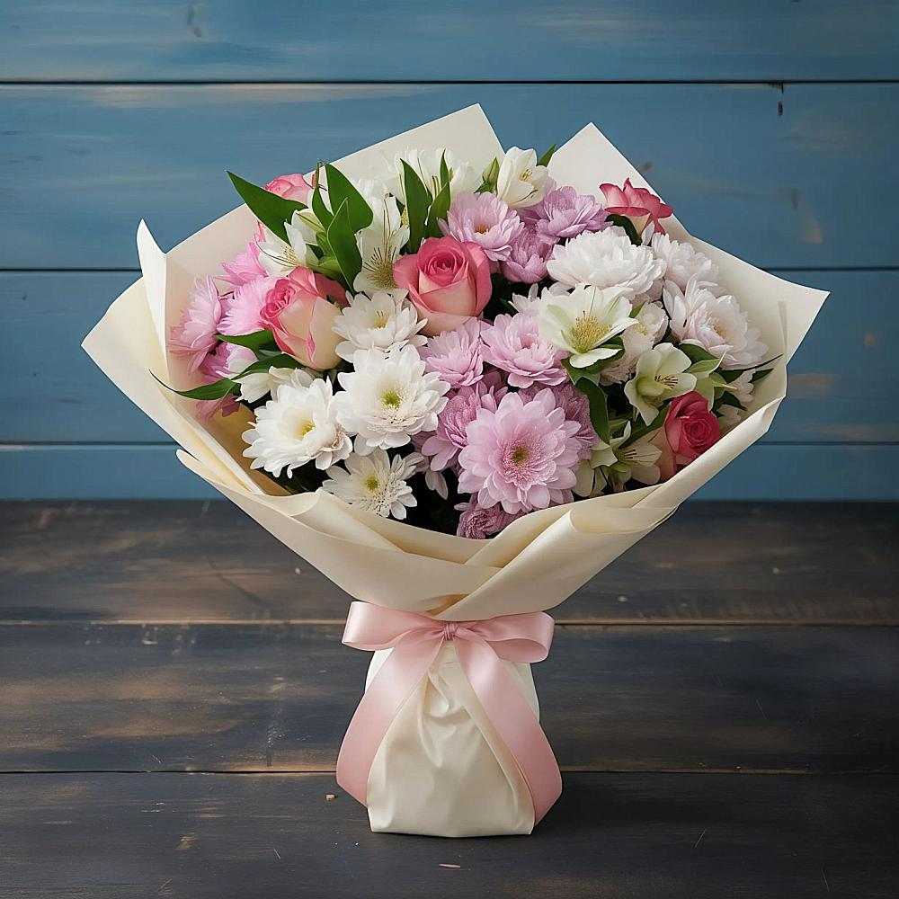 Букет цветов из: Хризантемы, Альстромерии и Розы в Канеловской